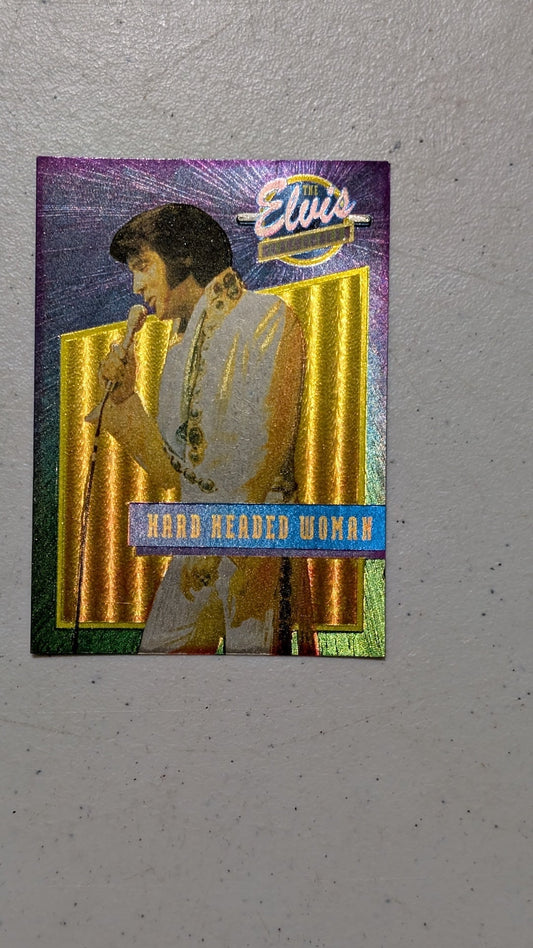 The Elvis Collection - "Hard Headed Woman" Foil Card from The River Group - 1992 Collectibles (Card Stock with Foil Layer Foil Trading Card, 1990s Nostalgia, Pop Culture, Purple, Gold, Blue, Prismatic, Collectable, Vintage, Original)