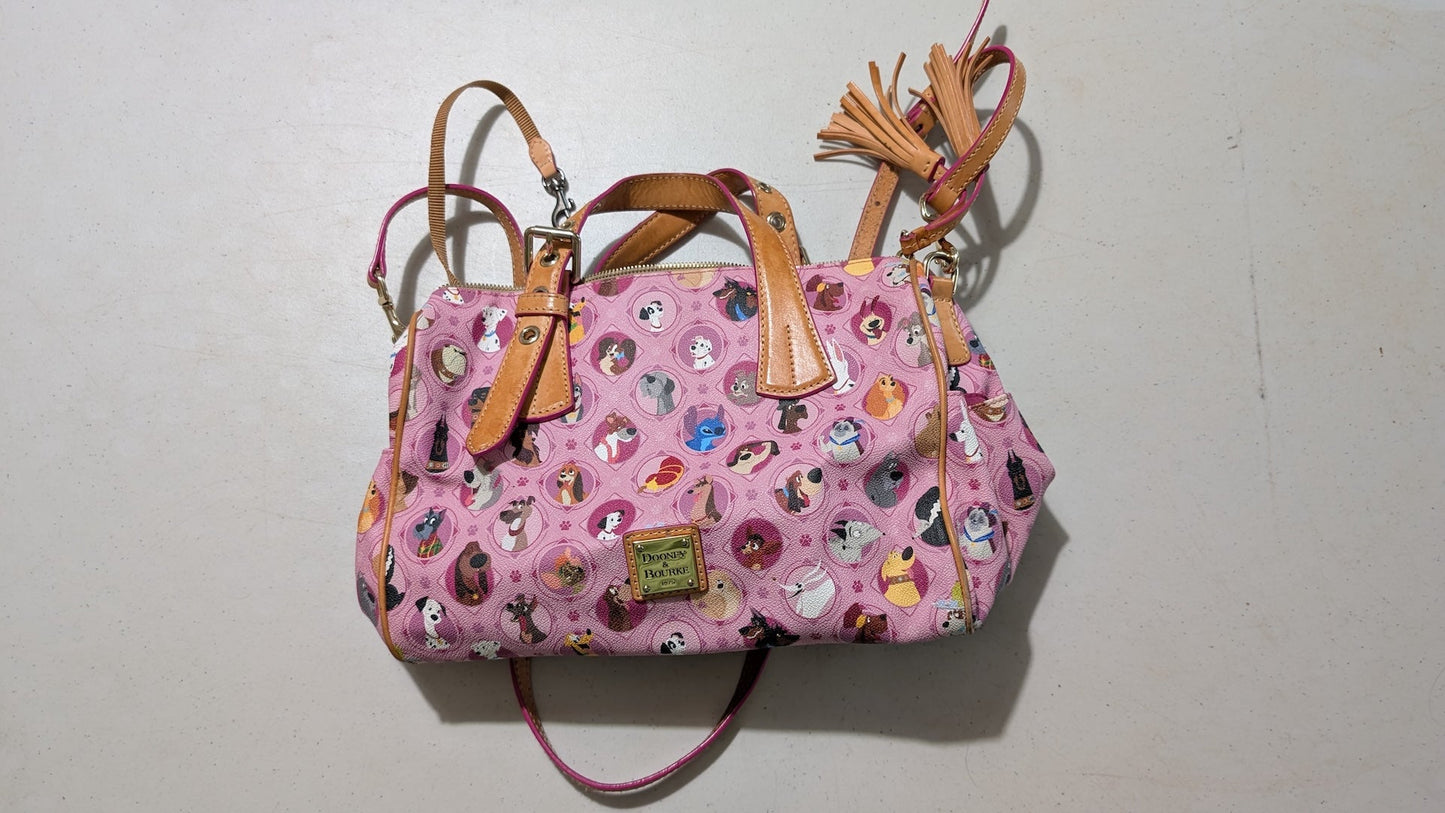 Disney Dogs (Pink) Satchel from Dooney & Bourke - 2020 Handbag (Coated Cotton, Leather Satchel, Disney Characters, Animals, Pink, Tan, Multi-color)