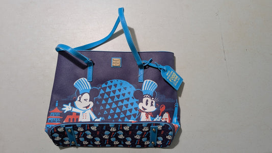 Epcot International Food & Wine Festival 2023 Tote Bag from Dooney & Bourke - 2023 Handbag (Coated Cotton, Leather Tote Bag, Disney Characters, Food, Epcot, Navy Blue, Bright Blue)