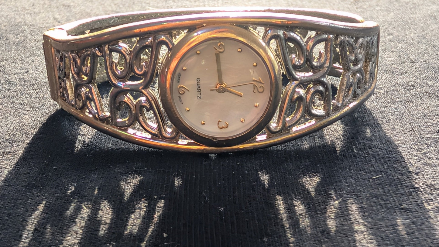 Vintage Women's Quartz Bangle Watch Two-Tone Filigree Cuff Bracelet