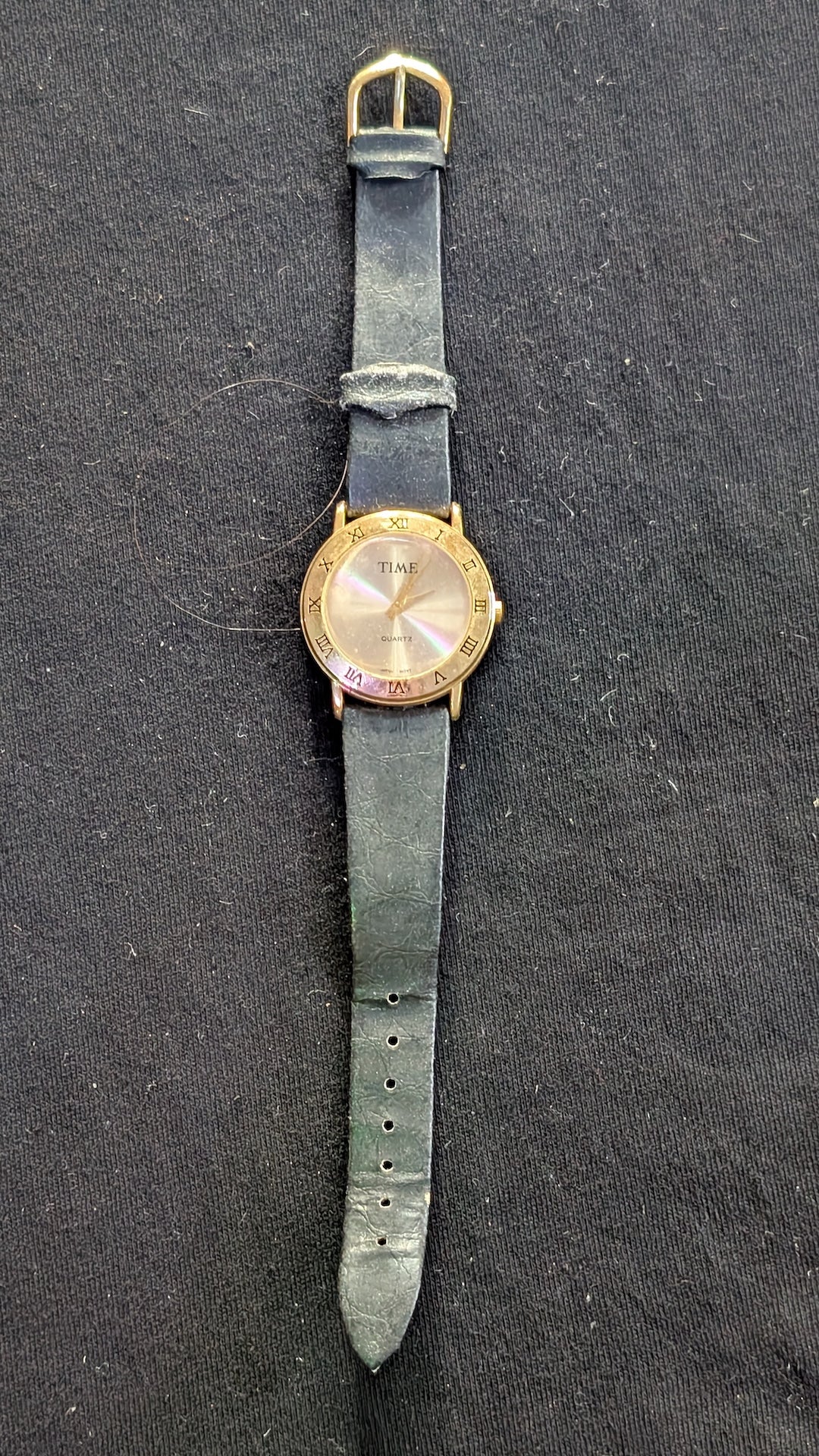 Women's "TIME" Quartz Watch Gold-Tone Roman Numeral Bezel Blue Strap