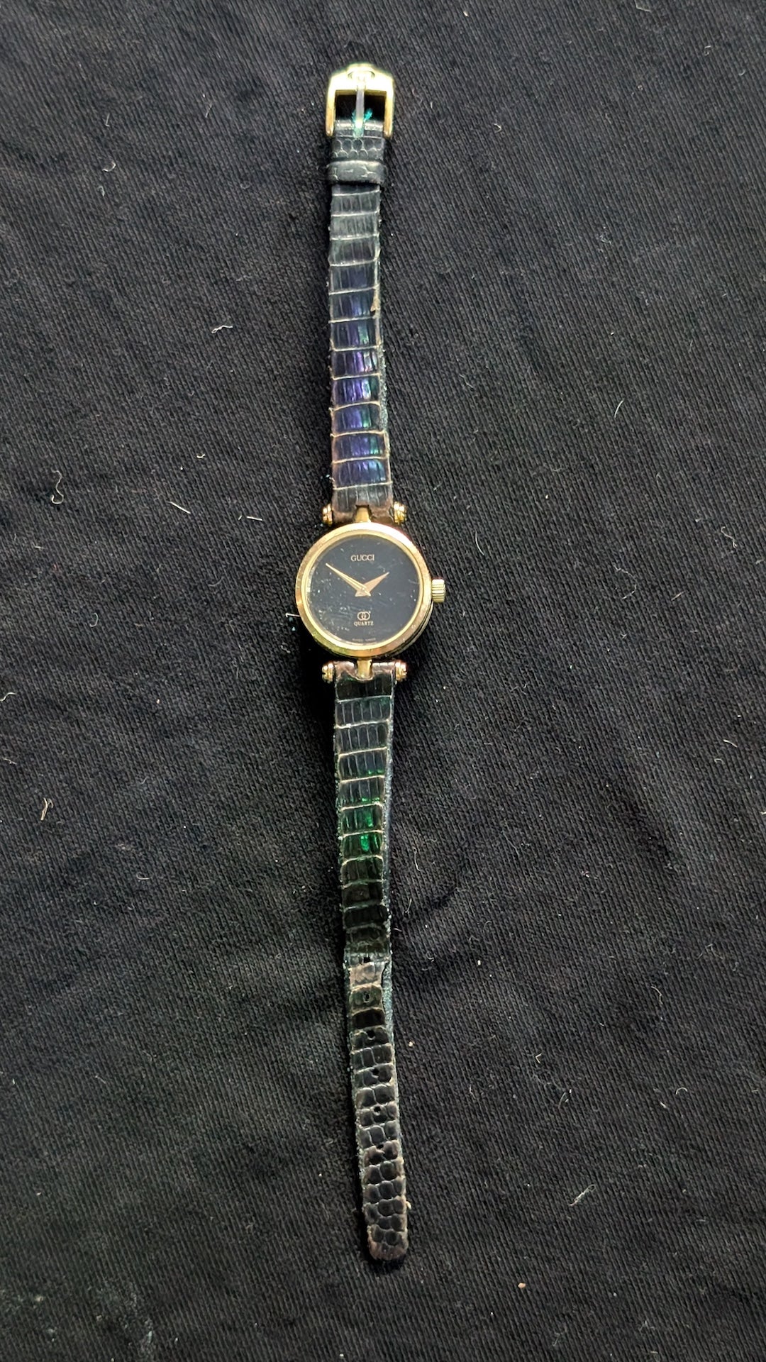 Vintage Gucci Women's Watch Gold-Plated Black Dial Lizard Strap (Untested)