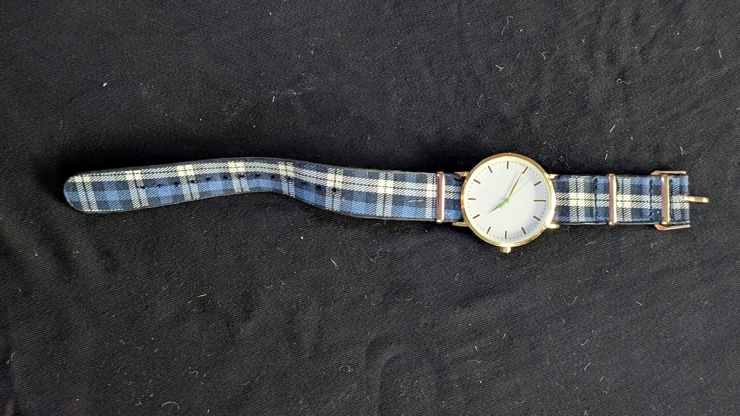 Men's Fashion Watch Gold-Tone Minimalist Dial Blue Plaid NATO Strap