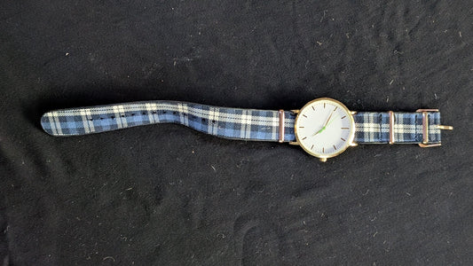 Men's Fashion Watch Gold-Tone Minimalist Dial Blue Plaid NATO Strap
