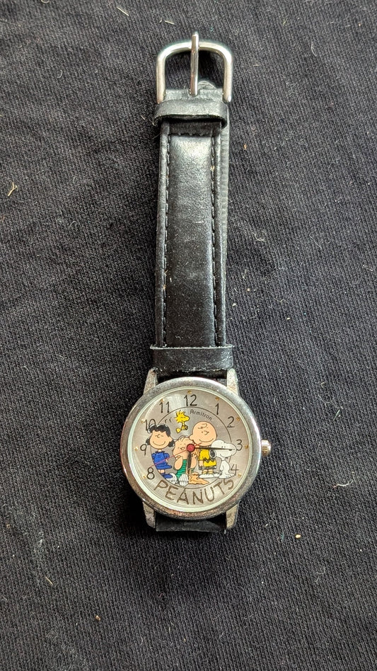 Armitron Peanuts Watch Charlie Brown Snoopy Linus Black Strap (Untested)