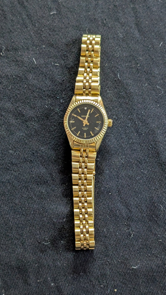 Women's Geneva Watch Gold-Tone Fluted Bezel Black Dial "Diamond" (Untested)