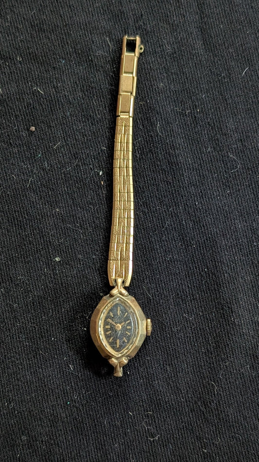 Vintage Women's Cocktail Watch Gold-Tone Ornate Case Black Dial (Untested)