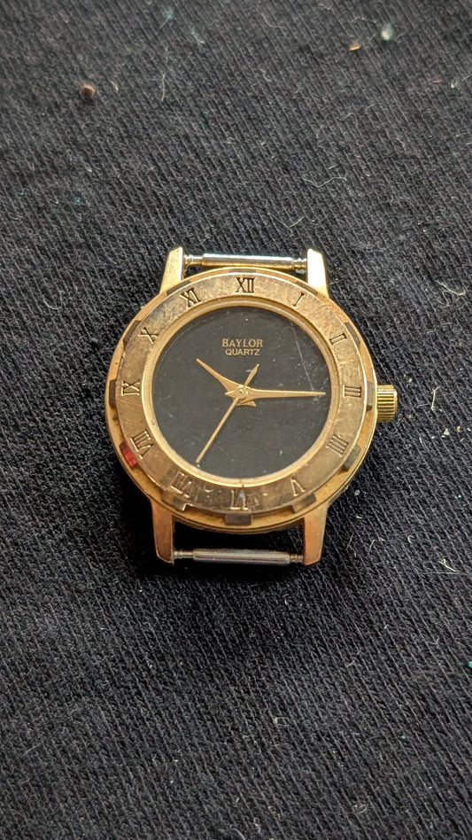 Baylor Quartz Watch Head Gold-Tone Black Dial Roman Numeral Bezel (For Parts)