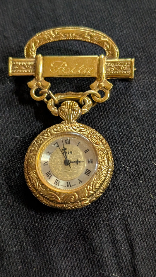 Vintage Gold-Tone Pendant Watch Brooch with "Rita" Nameplate (Untested)