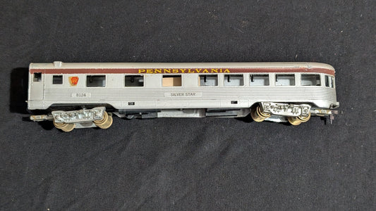 Pennsylvania "Silver Star" Observation Passenger Car likely from Rivarossi/AHM - 1970s HO Scale Model Train (Plastic, Metal Passenger Car, Molded Seats, Silver, Red, Gold)