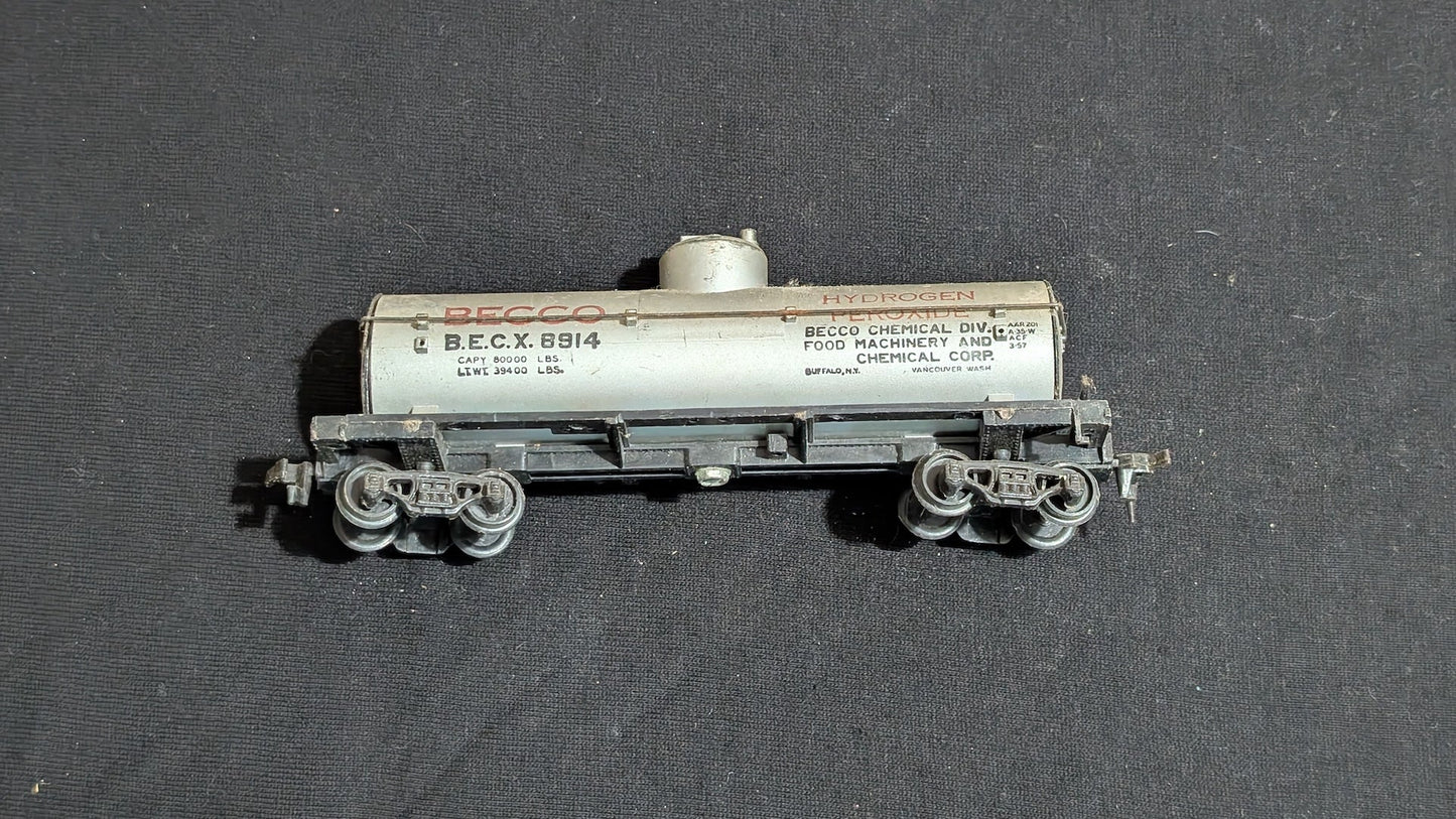 BECCo Hydrogen Peroxide Tank Car Tank Car likely from Athearn - 1960s-1970s HO Scale Model Train (Plastic, Metal Tank Car, Not Applicable, Silver, Black)