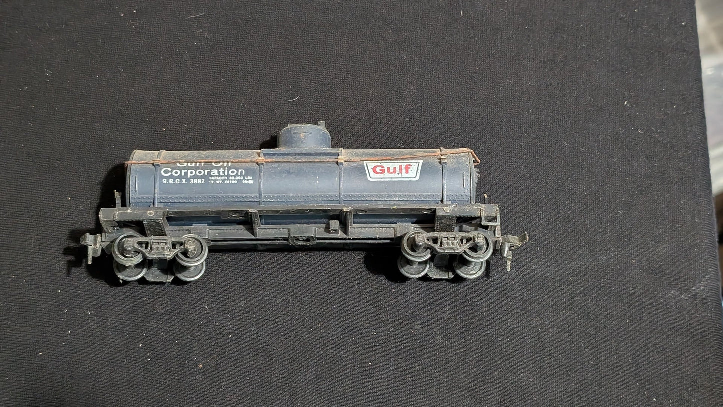 Gulf Oil Tank Car Tank Car likely from Athearn - 1960s-1970s HO Scale Model Train (Plastic, Metal Tank Car, Not Applicable, Blue, White, Orange)