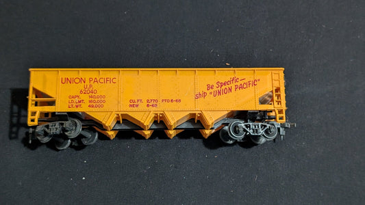 Union Pacific Covered Hopper Covered Hopper likely from Athearn - 1970s-1980s HO Scale Model Train (Plastic, Metal Covered Hopper, Not Applicable, Yellow, Red)