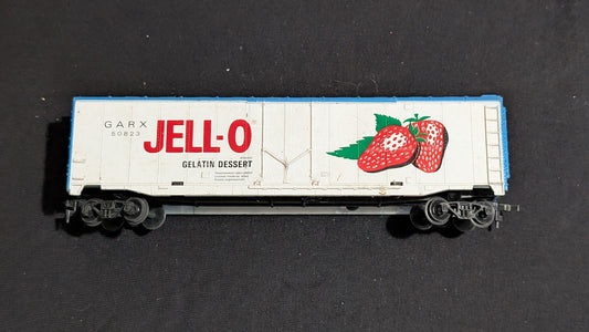 Jell-O Boxcar Boxcar (Reefer) likely from Tyco - 1970s-1980s HO Scale Model Train (Plastic, Metal Boxcar (Reefer), Not Applicable, White, Blue, Red)