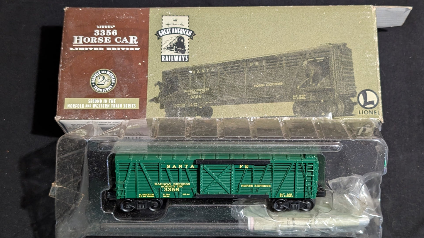 Lionel Santa Fe Horse Car Stock Car likely from Lionel - 1990s HO Scale Model Train (Plastic, Metal Stock Car, Not Applicable, Green, Black)