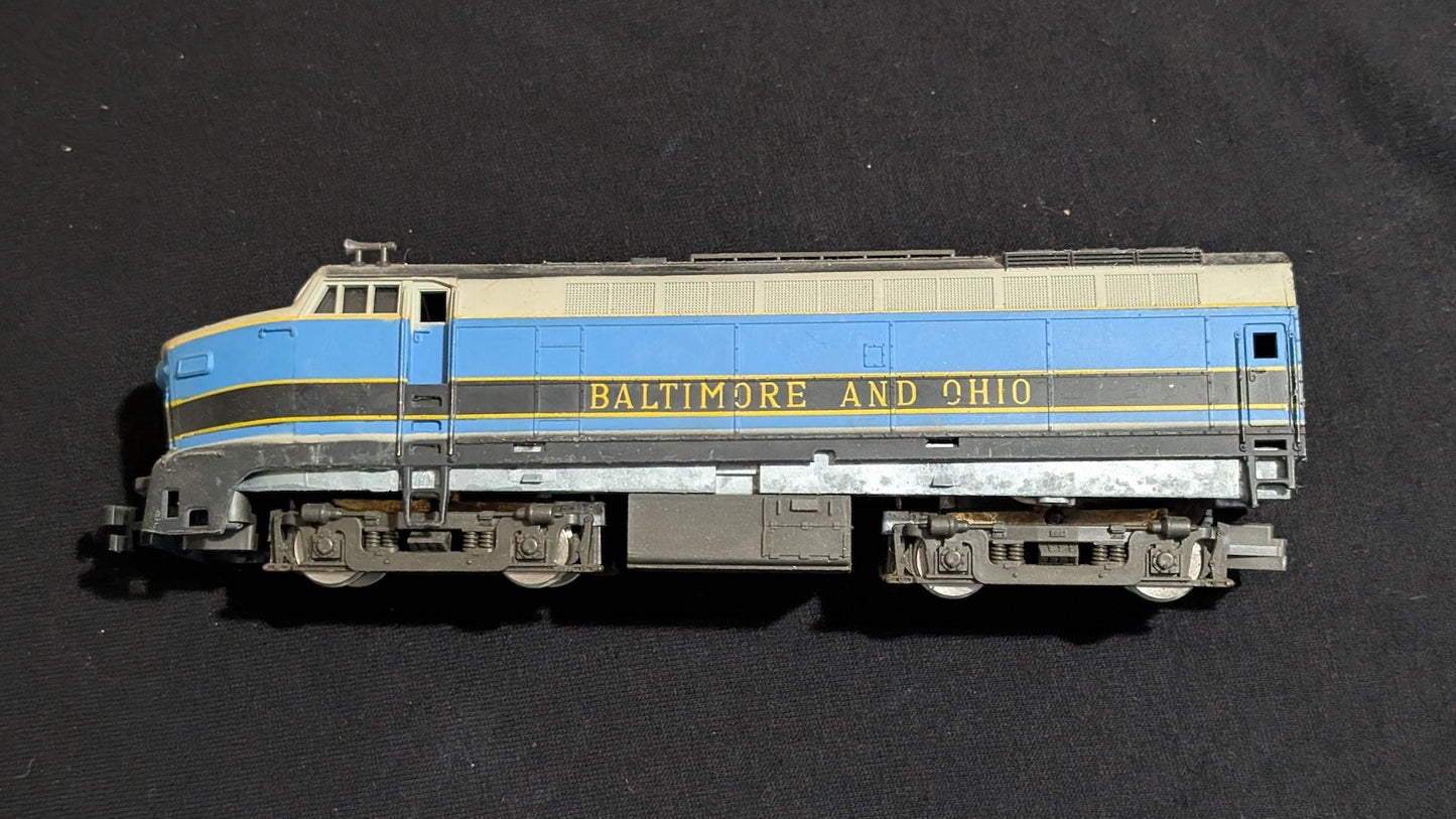 Baltimore & Ohio F-Unit Diesel Locomotive likely from Life-Like/Model Power - 1970s-1980s HO Scale Model Train (Plastic, Metal Diesel Locomotive, Not Applicable, Blue, Grey, Black)