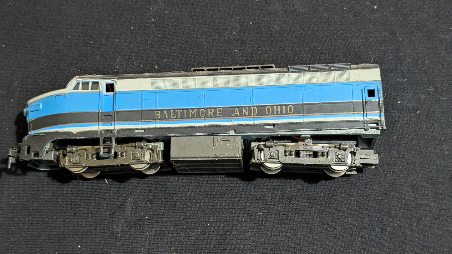 Baltimore & Ohio F-Unit Diesel Locomotive likely from Life-Like/Model Power - 1970s-1980s HO Scale Model Train (Plastic, Metal Diesel Locomotive,  Blue, Grey, Black)