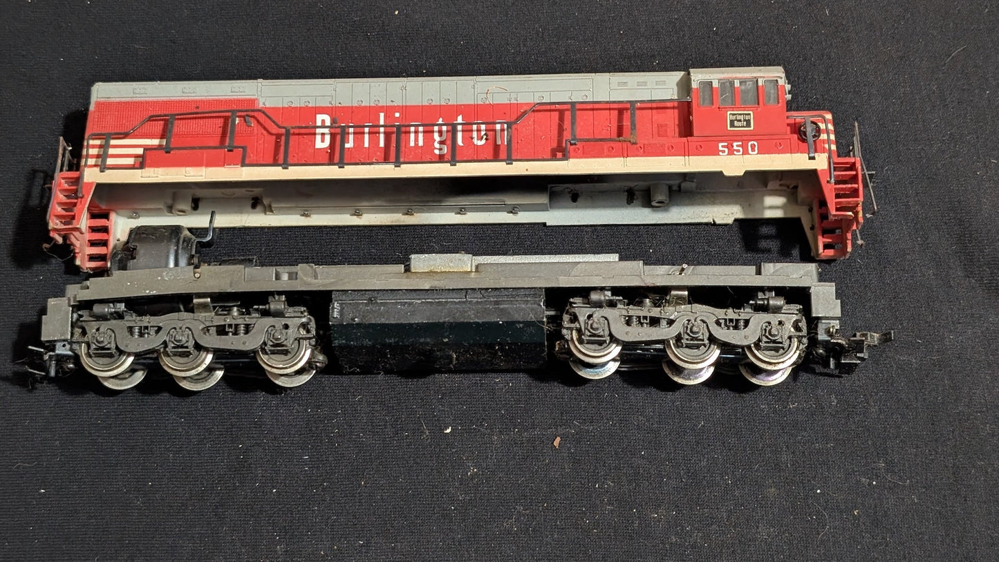 Burlington Northern SD-Series Shell & Chassis Parts likely from Athearn - 1980s HO Scale Model Train (Plastic, Metal Parts, Not Applicable, Red, Grey)