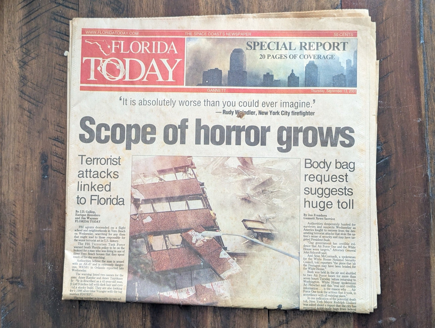 Florida Today "Scope of horror grows" by Florida Today (Gannett) (News, Ephemera, History, 2001, 9/11 aftermath, Sept 13 2001, Florida Today, terrorist links, historical newspaper)