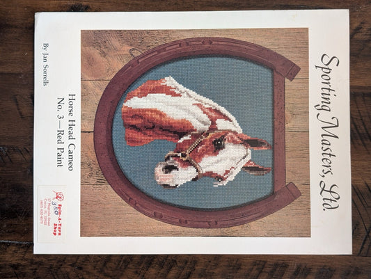 Horse Head Cameo No. 3—Red Paint by Jan Sorrells (Sporting Masters, Ltd.) (Crafts, Cross-Stitch, c. 1980s, horse cross-stitch, Paint horse, Jan Sorrells, equestrian craft, vintage pattern)