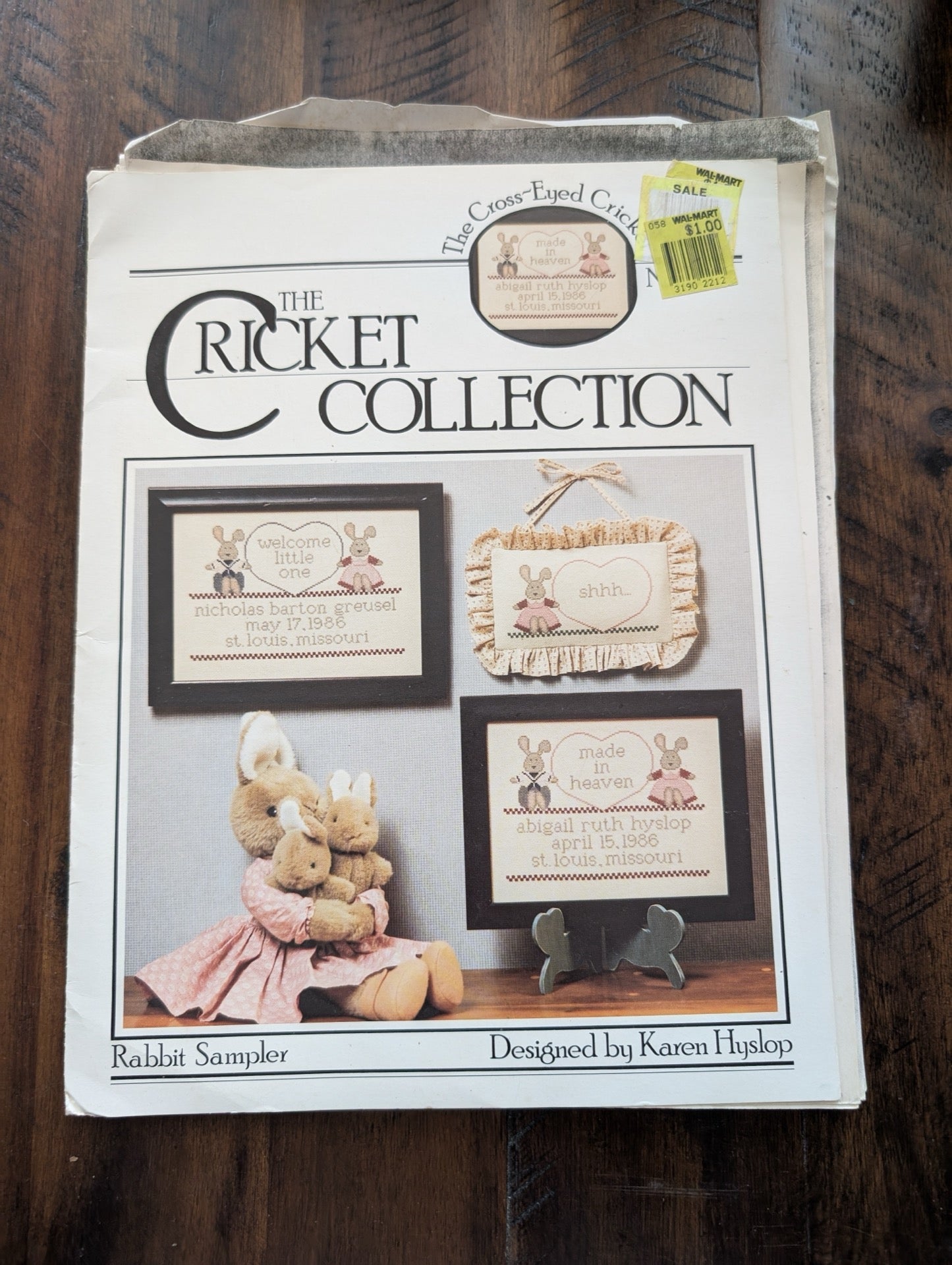 The Cricket Collection: Rabbit Sampler by Karen Hyslop (The Cross-Eyed Cricket) (Crafts, Cross-Stitch, c. 1990s, rabbit sampler, birth announcement, Cross-Eyed Cricket, Karen Hyslop, nursery cross stitch)