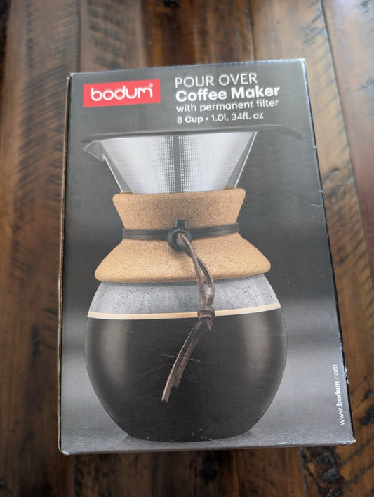 Pour Over Coffee Maker with Permanent Filter from Bodum - 2010s/2020s Kitchen & Dining, Drinkware (Borosilicate Glass, Cork, Stainless Steel Coffee Maker, Scandinavian, Modern, Minimalist, permanent filter, cork)