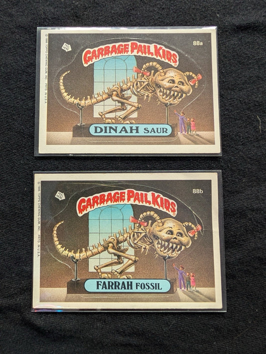 1986 GPK OS3 88a Dinah Saur & 88b Farrah Fossil Vintage Topps Card Pair