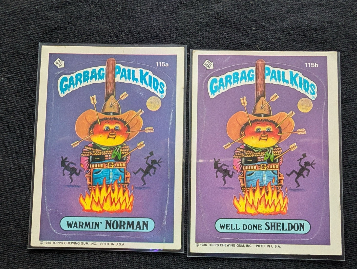 1986 GPK OS3 115a Warmin' Norman & 115b Well Done Sheldon Topps Card Pair