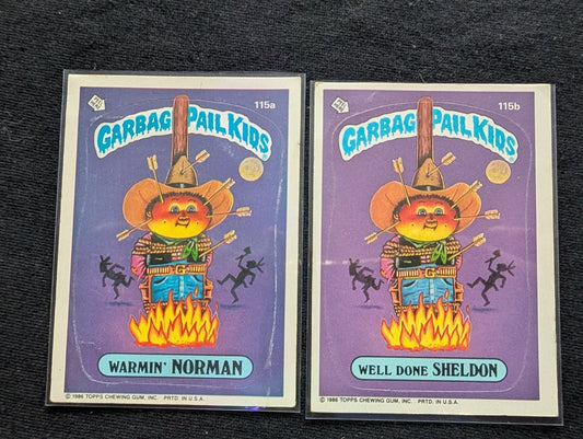 1986 GPK OS3 115a Warmin' Norman & 115b Well Done Sheldon Topps Card Pair