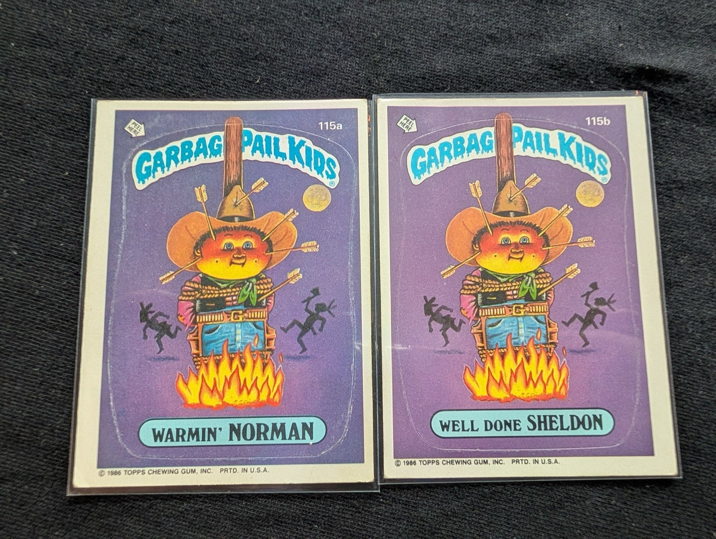 1986 GPK OS3 115a Warmin' Norman & 115b Well Done Sheldon Card Pair Topps