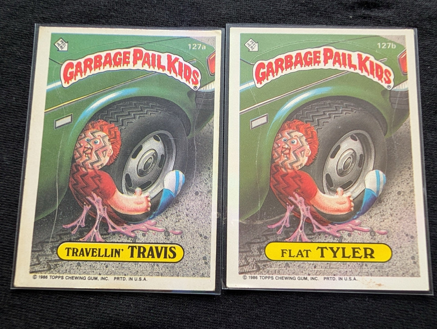 1986 GPK OS4 127a Travellin' Travis & 127b Flat Tyler Vintage Card Pair Topps