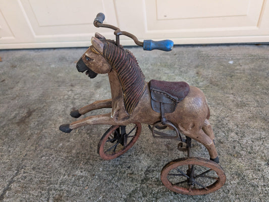 Unique Carved Wood Horse Tricycle - Rustic Folk Art Decor!