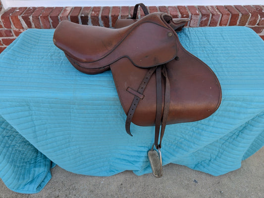 Vintage Brown Leather English All Purpose Riding Saddle with Irons