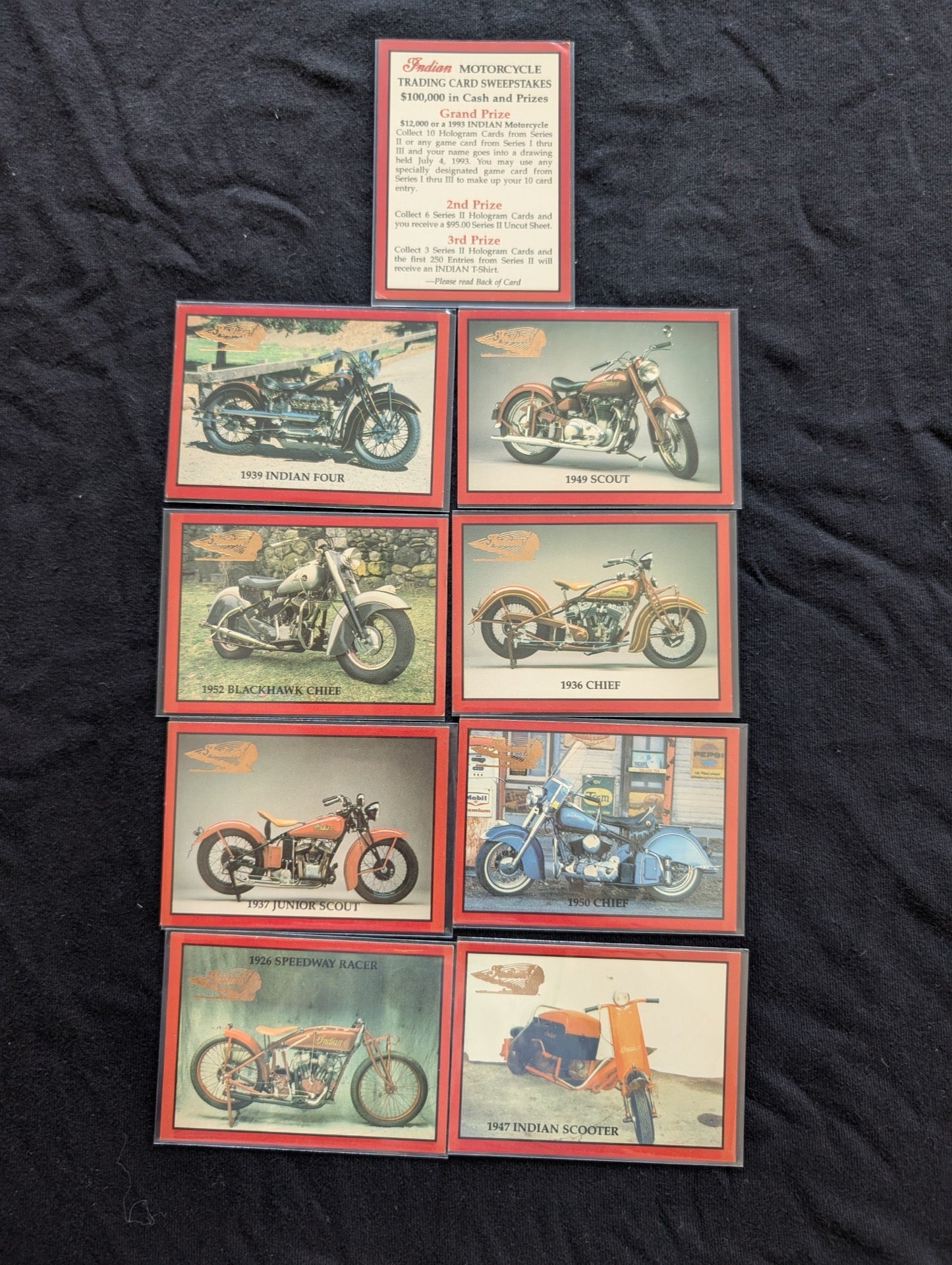 Lot of 8 Vintage Indian Motorcycle Trading Cards + Sweepstakes Card - 1939 Four