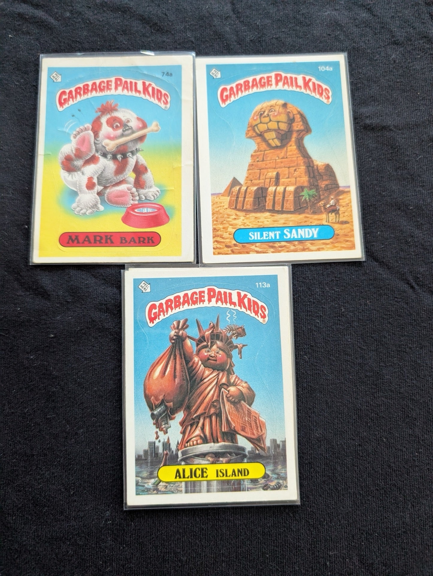 Lot of 3 Vintage Garbage Pail Kids GPK Cards - Mark Bark 74a OS2, Silent Sandy