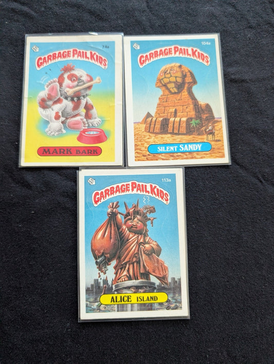 Lot of 3 Vintage Garbage Pail Kids GPK Cards - Mark Bark 74a OS2, Silent Sandy