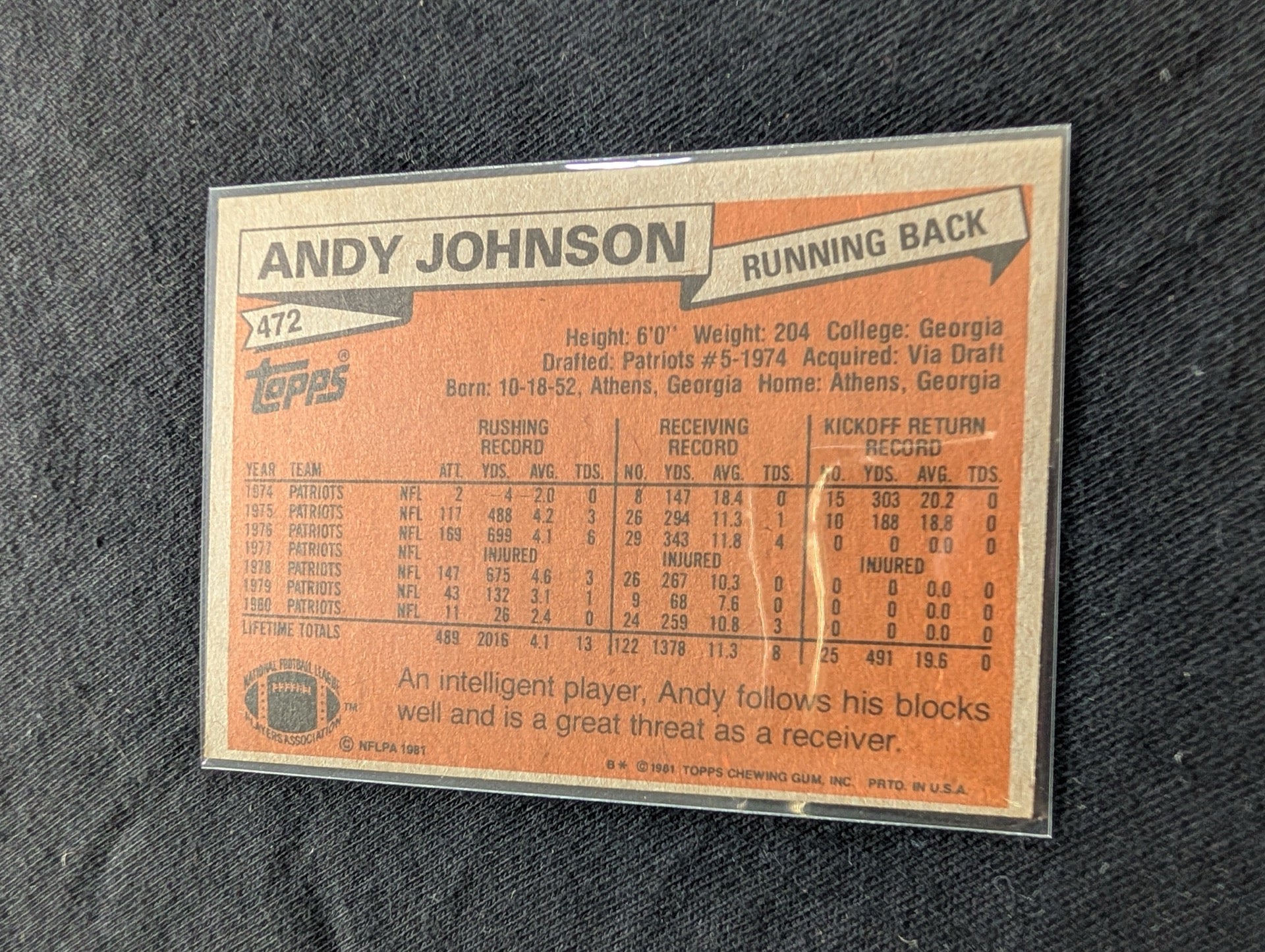 Andy Johnson 1977 & 1980 Topps New England Patriots Lot (2) Vintage RB