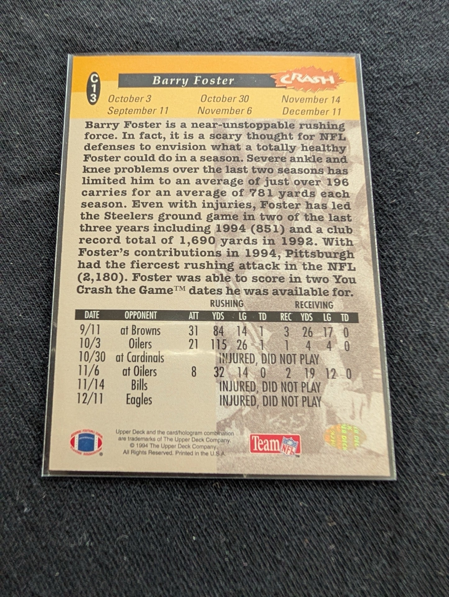 Barry Foster Pittsburgh Steelers Lot (13) 90s Cards Topps UD Fleer Pro Set