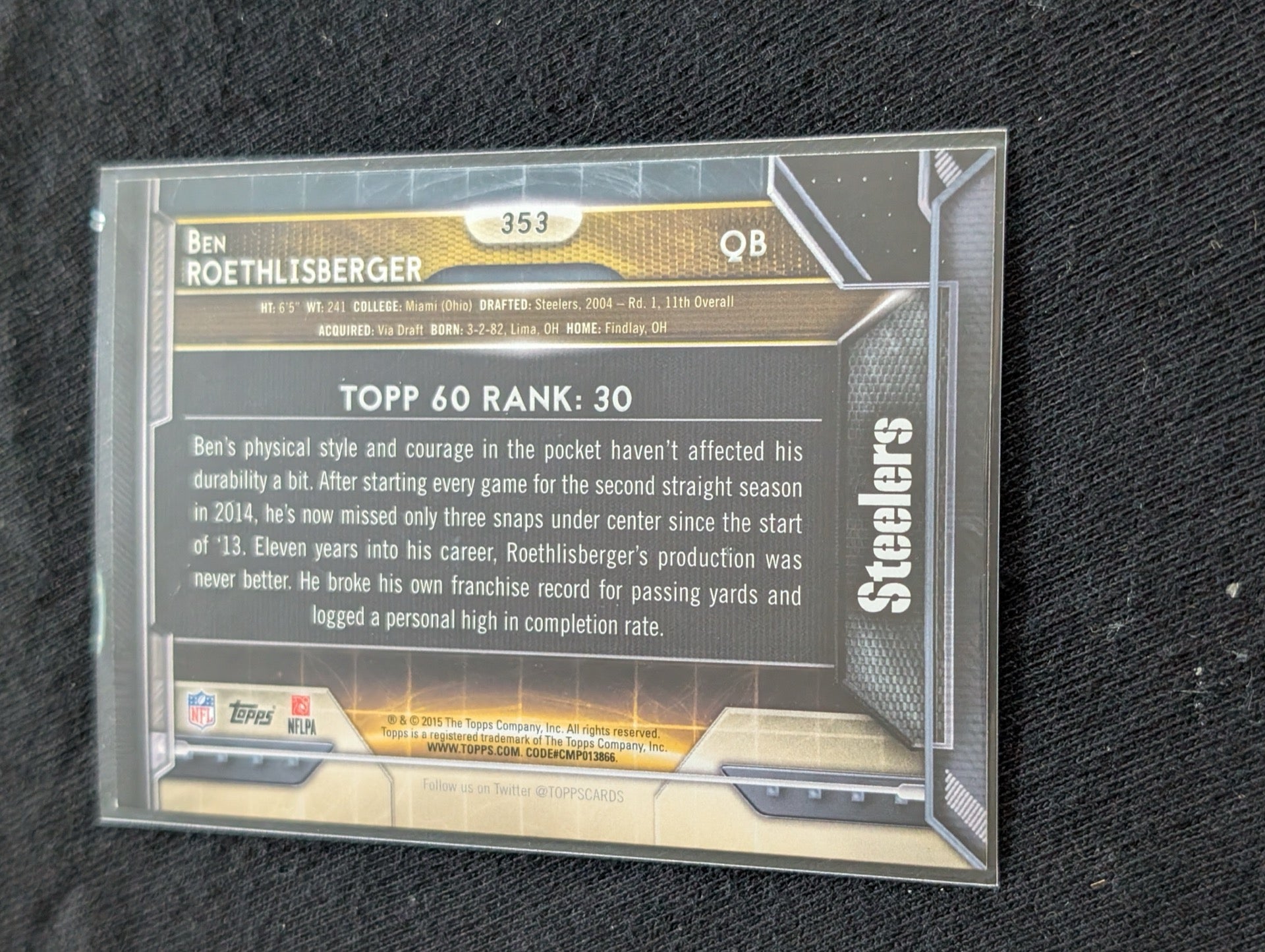 Ben Roethlisberger Steelers Lot (2) 2017 Topps #30 & 2017 Prestige QB