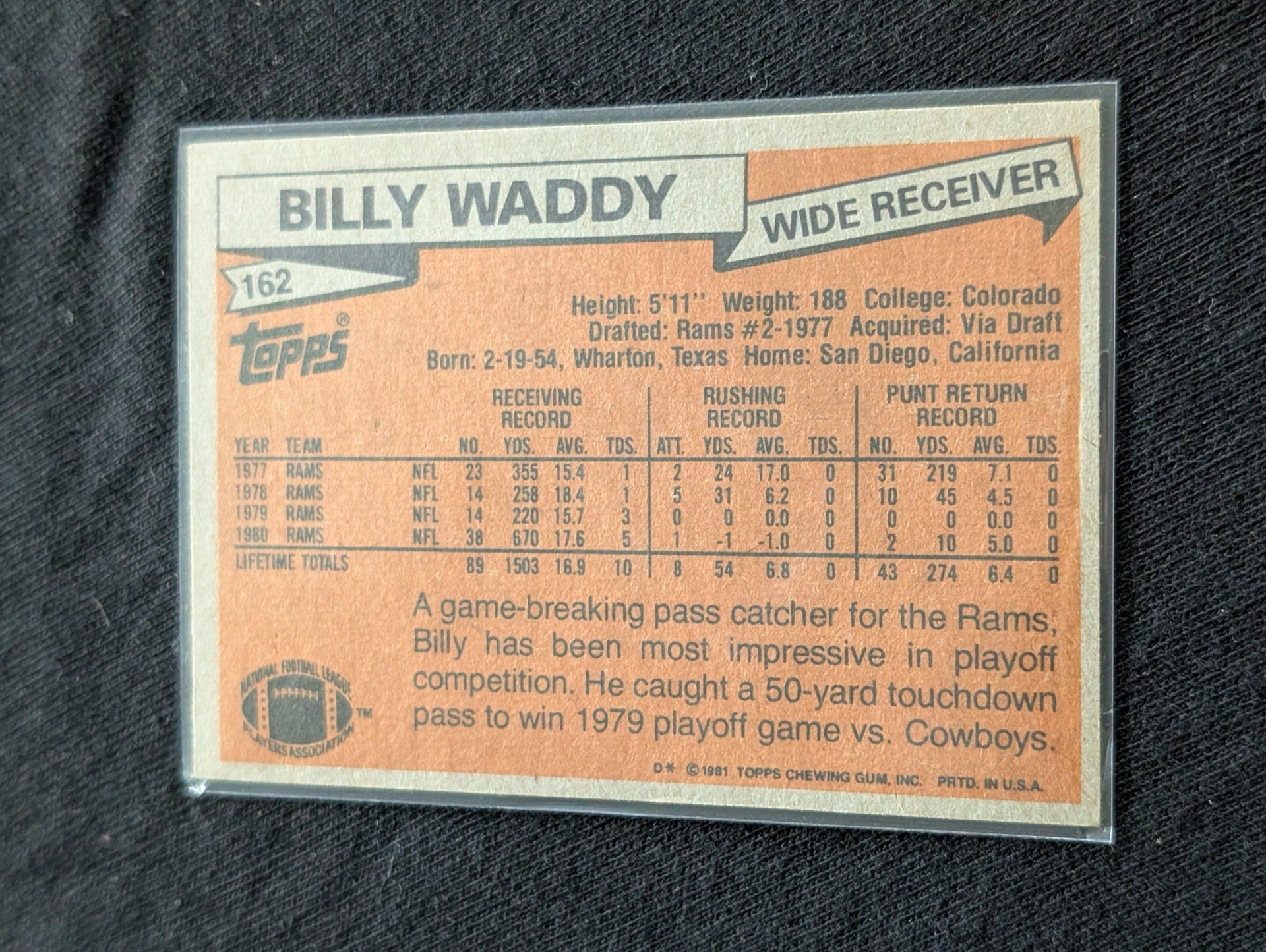 Billy Waddy 1979 & 1981 Topps Los Angeles Rams Lot (2) Vintage WR Cards