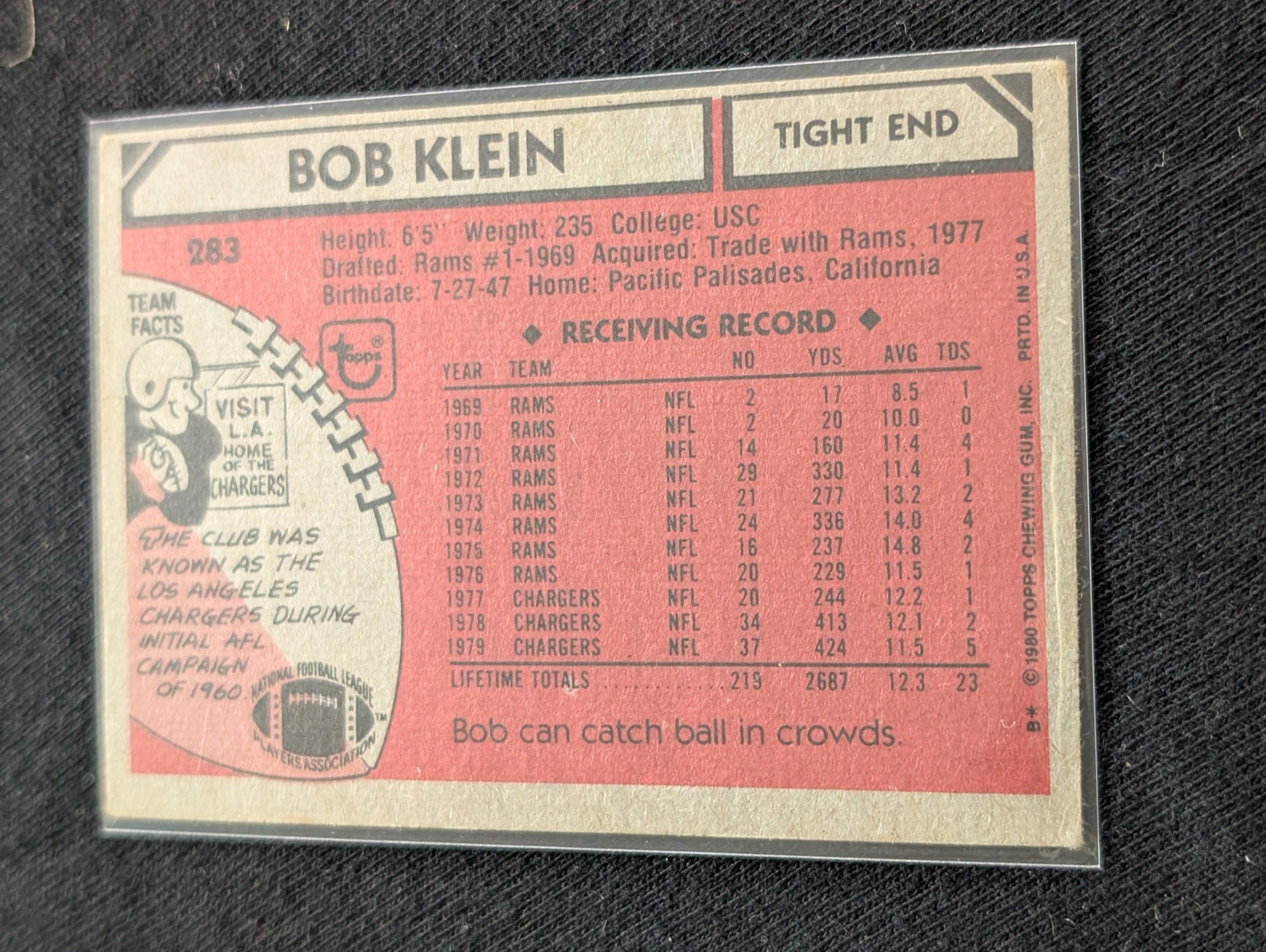 Bob Klein 1977 & 1979 Topps San Diego Chargers Lot (2) Vintage TE Cards