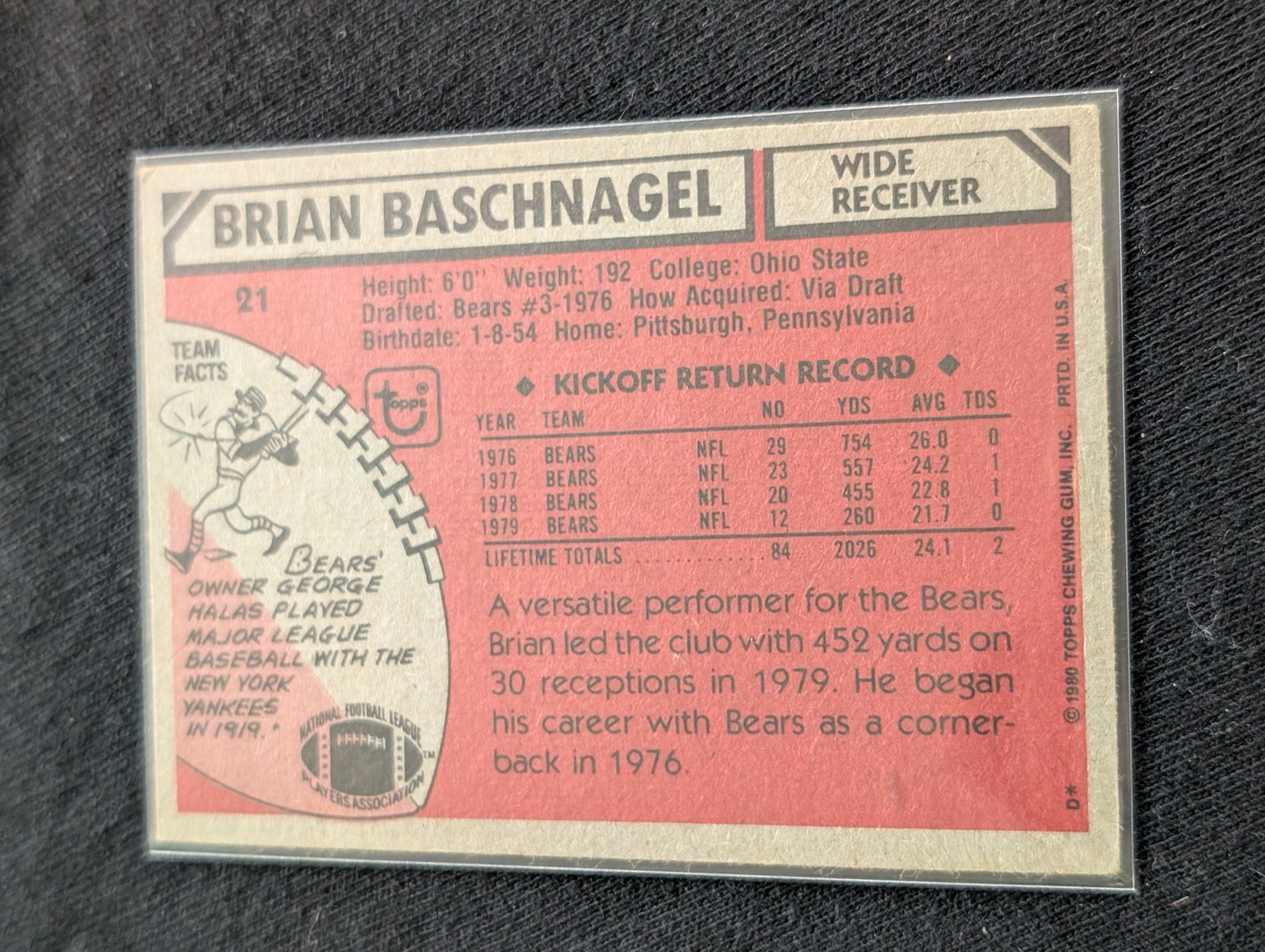 Brian Baschnagel 1979 & 1980 Topps Chicago Bears Lot (2) Vintage WR Cards