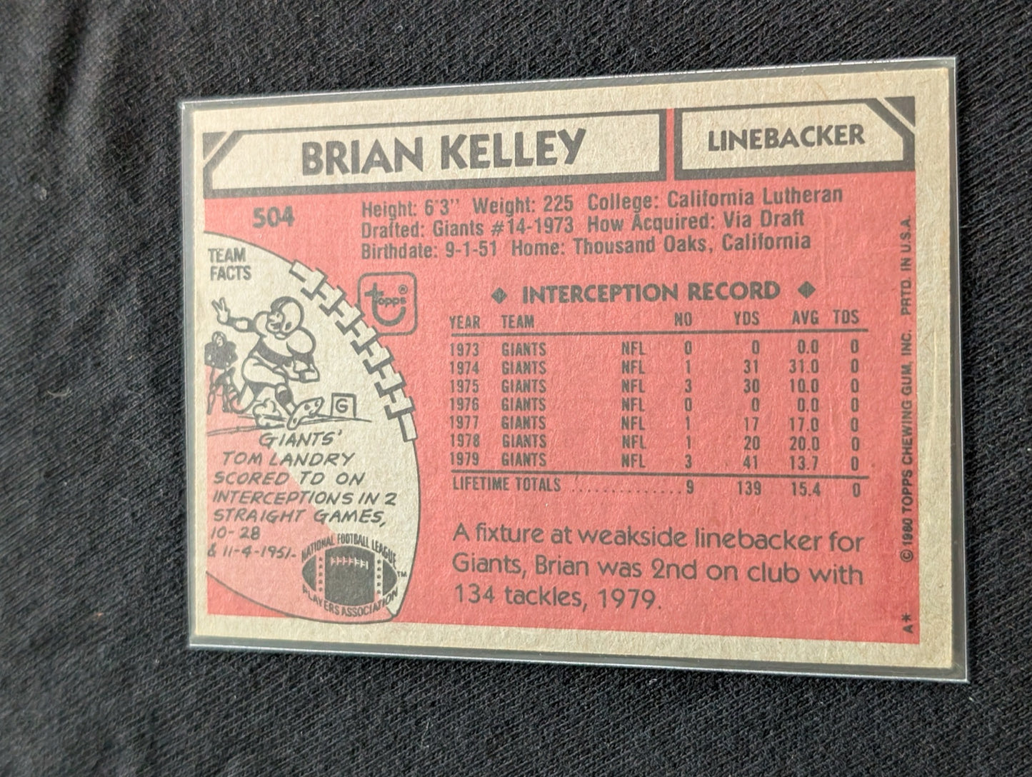 Brian Kelley 1979 & 1980 Topps New York Giants Lot (2) Vintage LB Cards