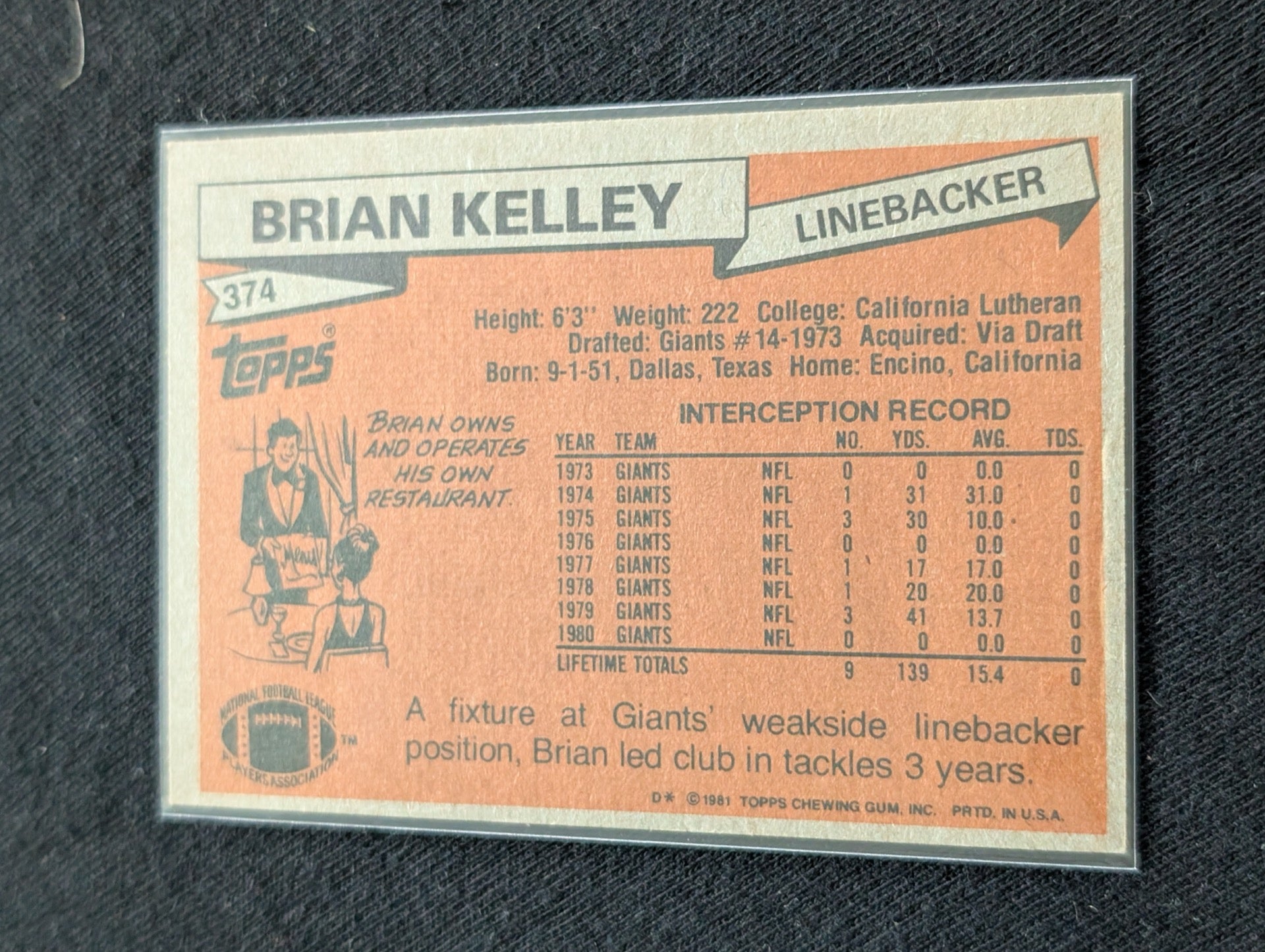 Brian Kelley 1979 & 1980 Topps New York Giants Lot (2) Vintage LB Cards