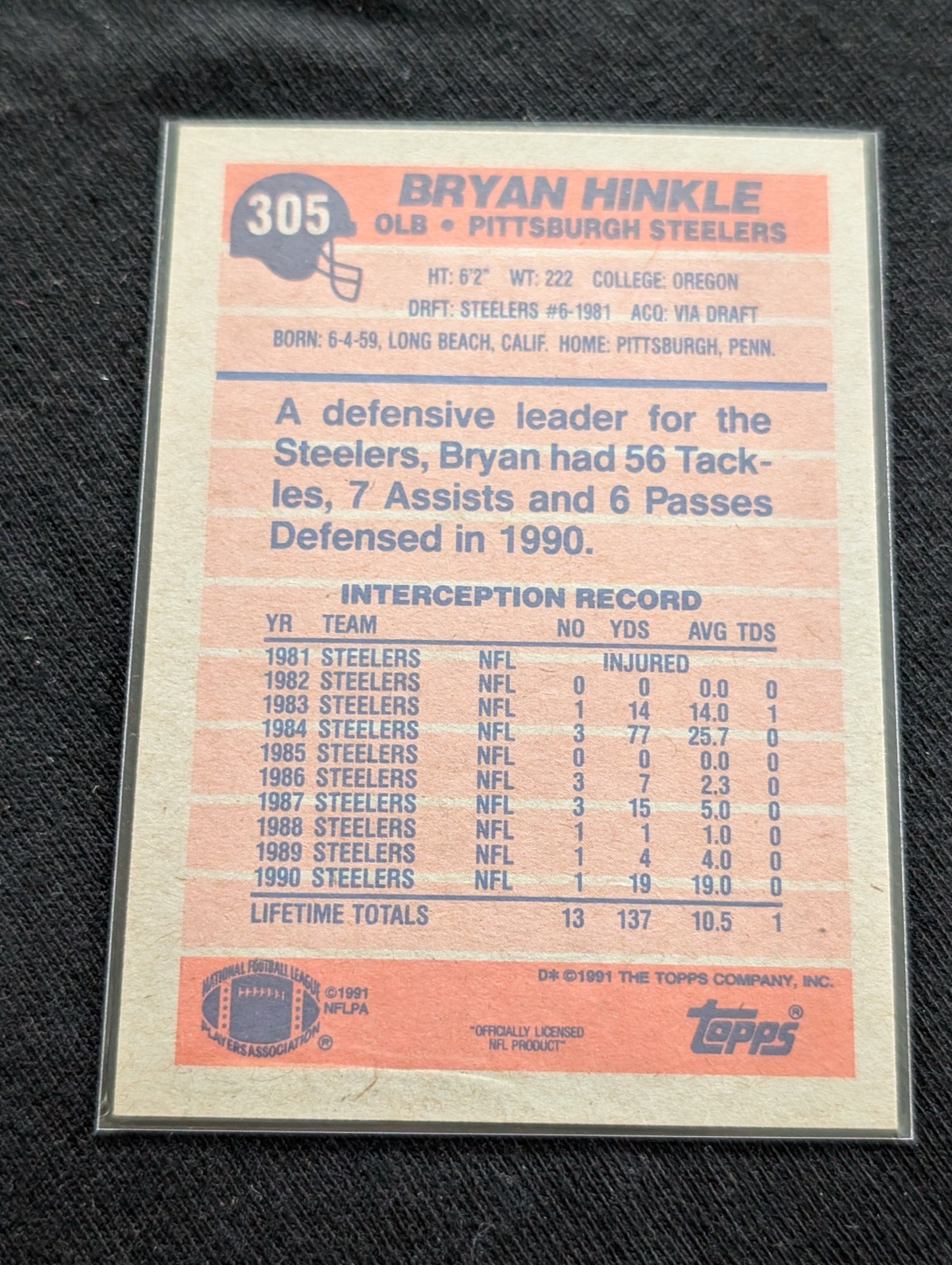 Bryan Hinkle Pittsburgh Steelers Lot (4) 1991 Topps Score Pro Set Upper Deck