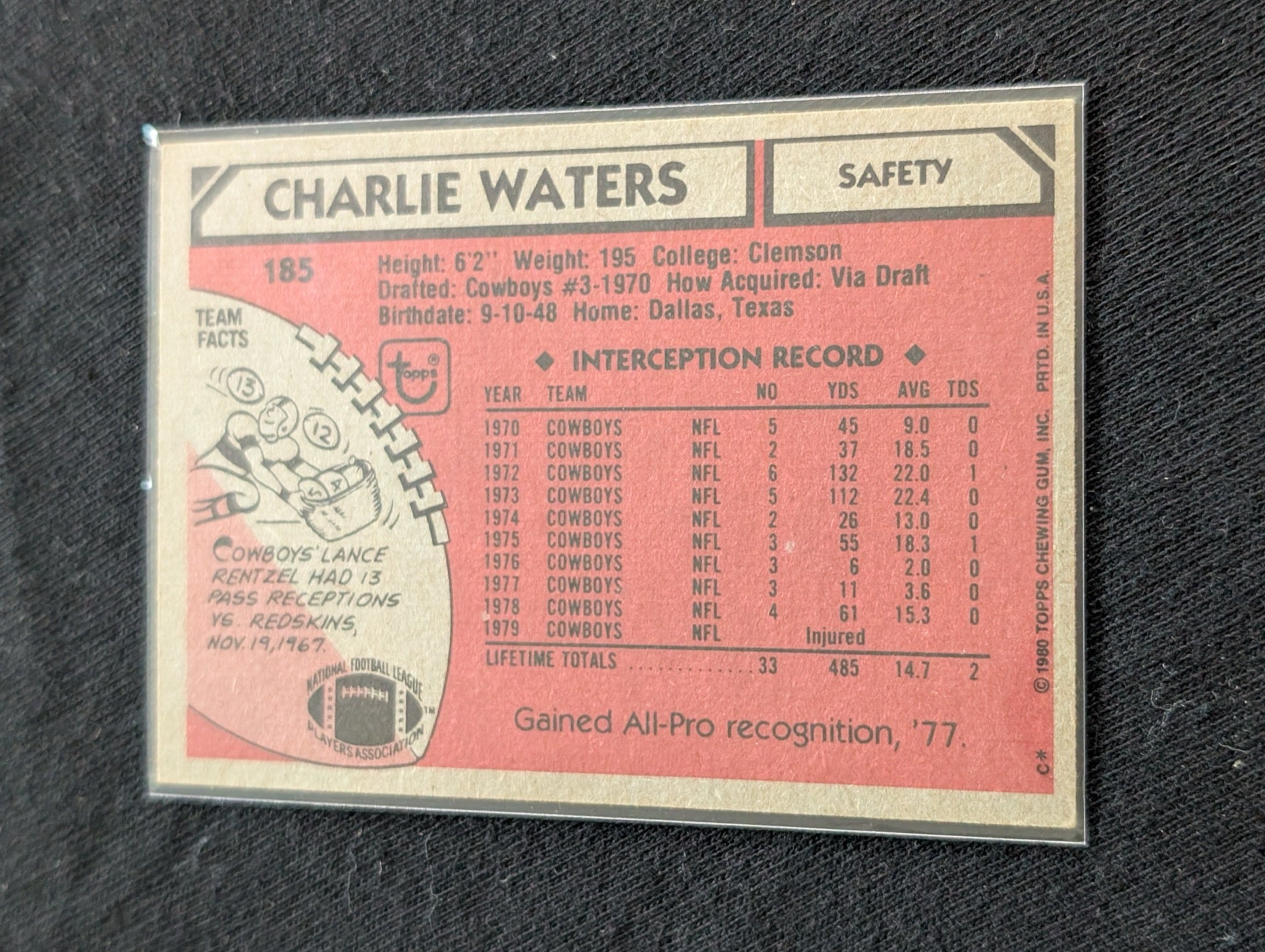Charlie Waters 1978 & 1979 Topps Dallas Cowboys Lot (2) "Doomsday" DB