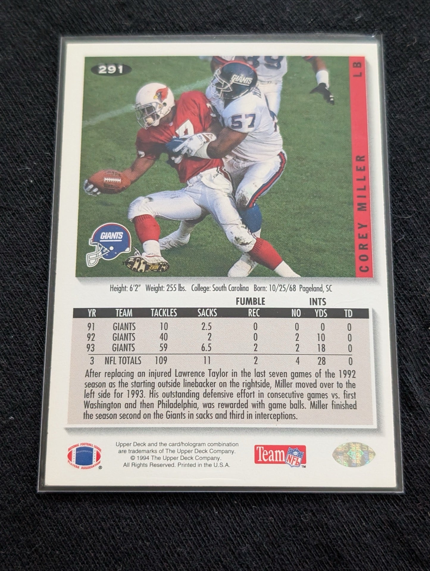Corey Miller NY Giants Lot (2) 1993 Collector's Choice & 1994 Topps Gold