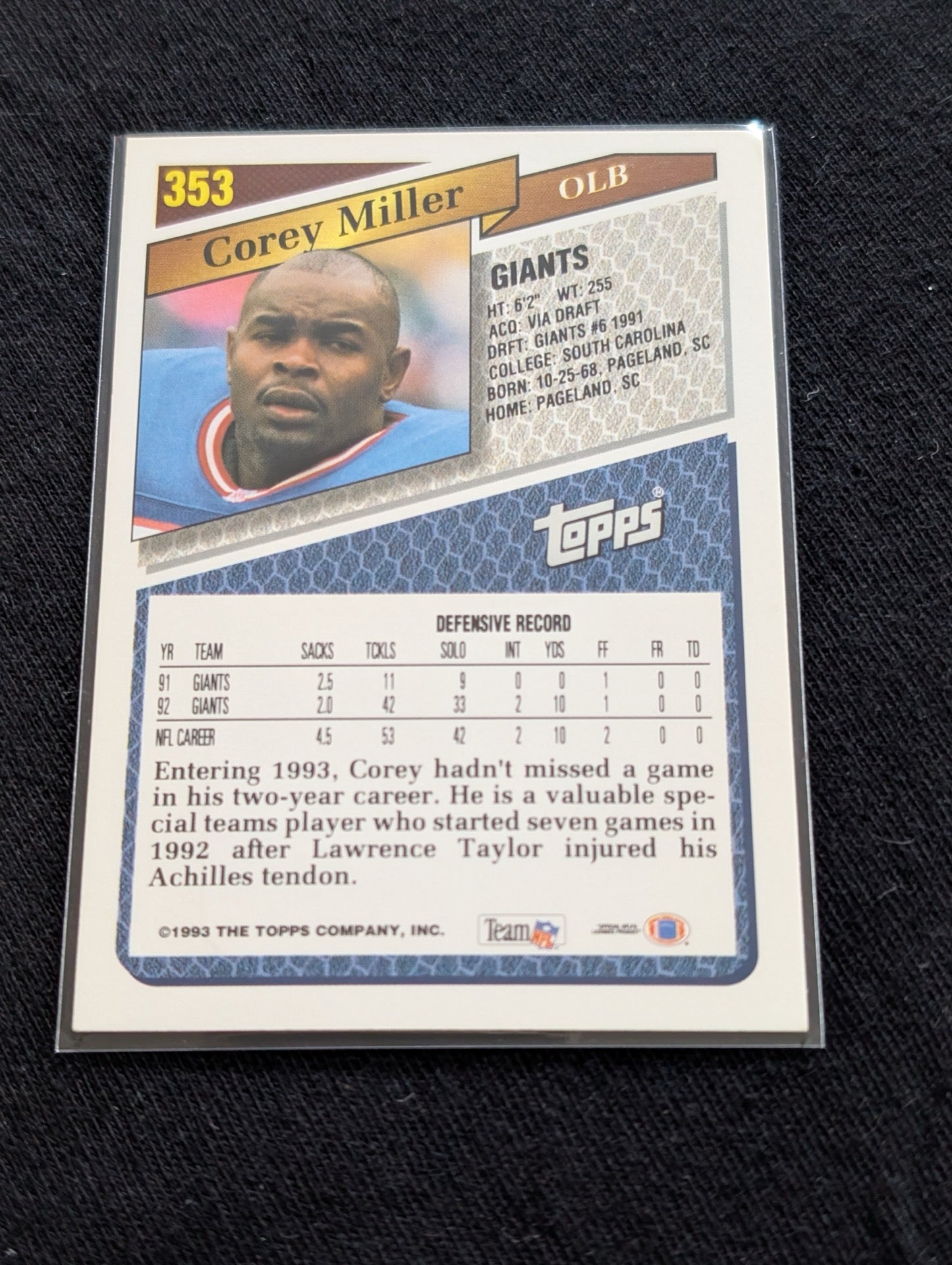 Corey Miller NY Giants Lot (2) 1993 Collector's Choice & 1994 Topps Gold