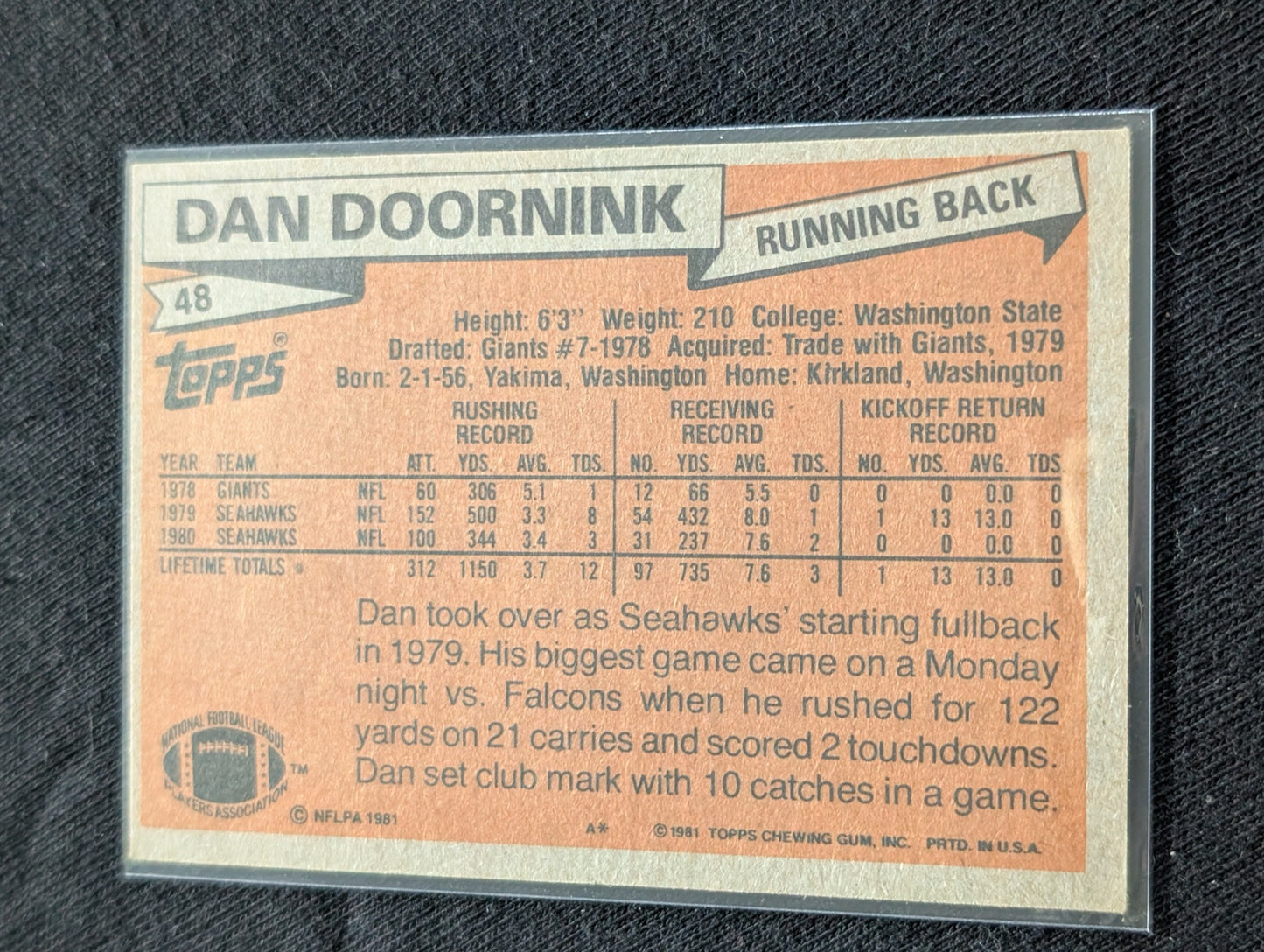 Dan Doornink 1979 & 1980 Topps Seattle Seahawks Lot (2) Vintage RB Cards