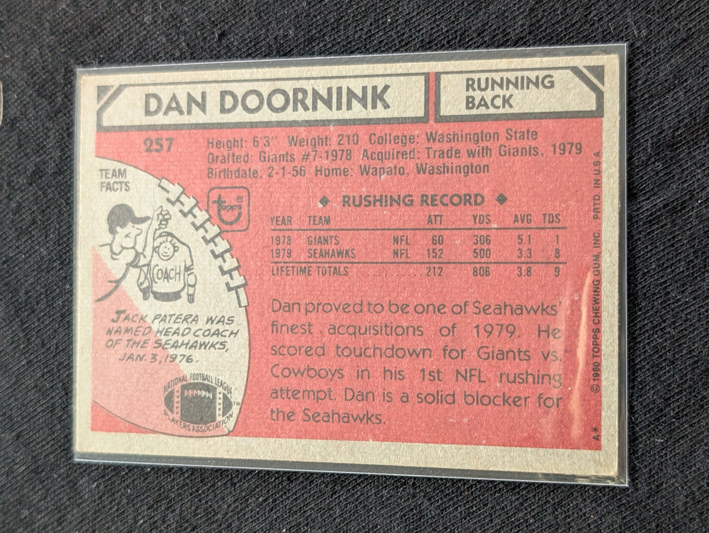 Dan Doornink 1979 & 1980 Topps Seattle Seahawks Lot (2) Vintage RB Cards